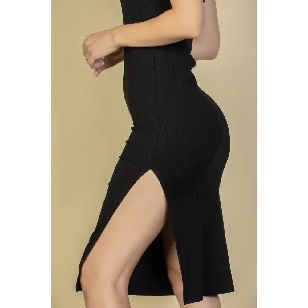 Flat Back Rib Sleeveless Tank Side Slit Bodycon Dress - Picture 9 of 15